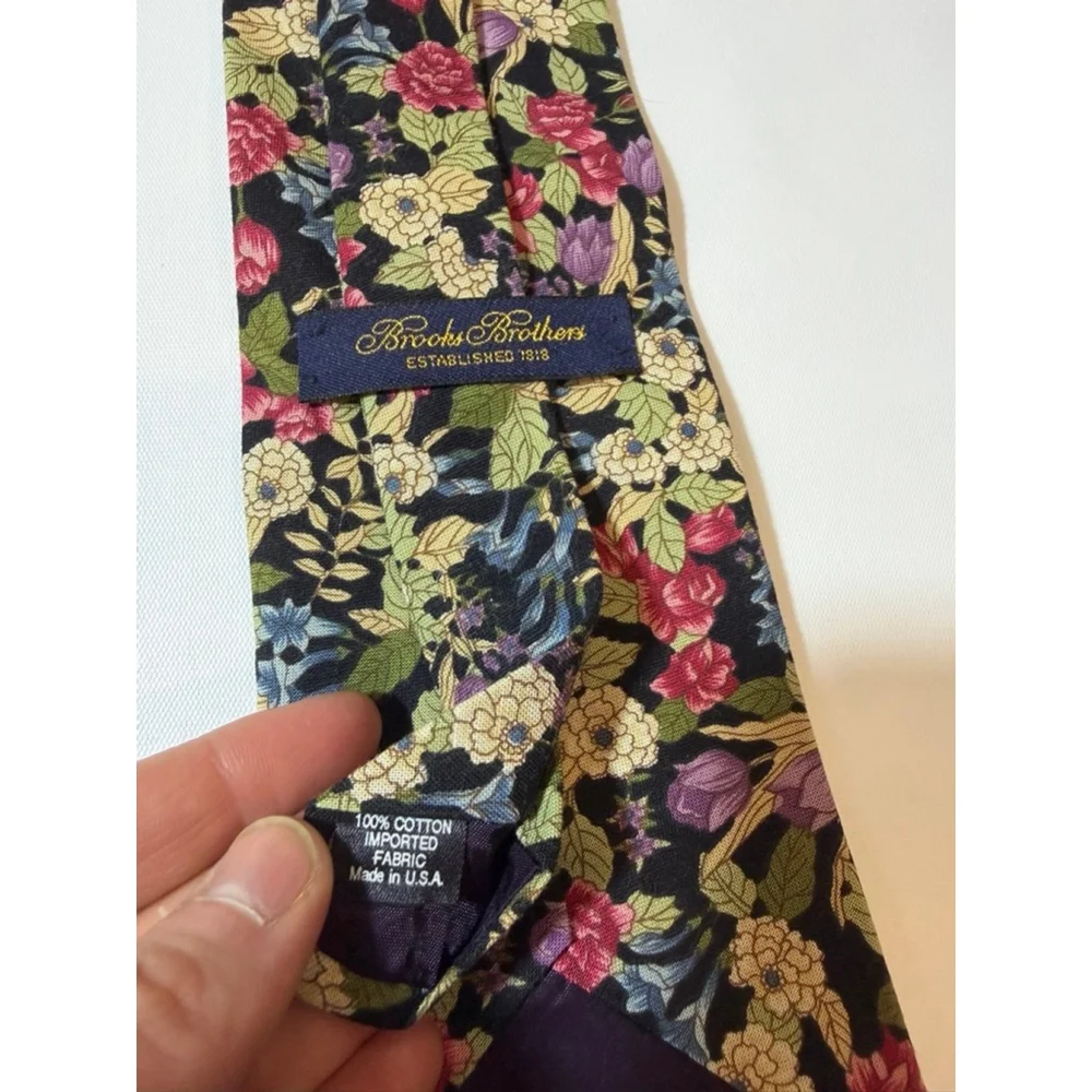 Brooks Brothers Floral Tie Cotton Black Botanical Cottagecore Mens Necktie